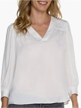 Liverpool White V-Neck Pleated Long-Sleeve Blouse